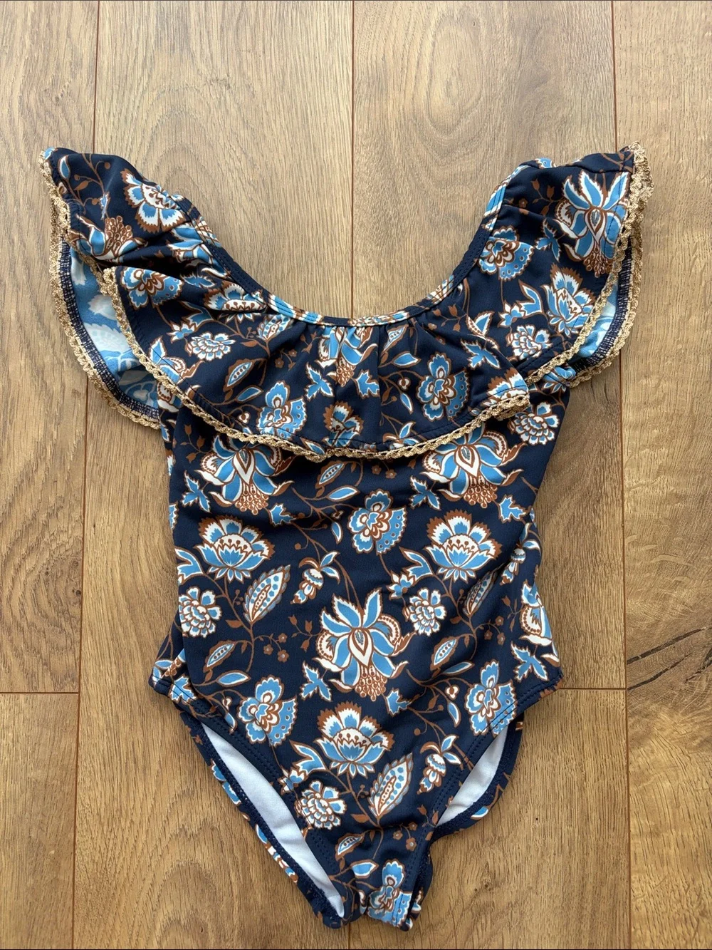 Janie and Jack Navy Floral Ruffle One-Piece Swimsuit with Blue & Brown Accents
